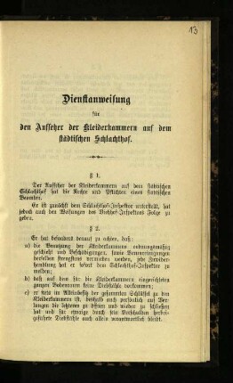 Dienstanweisung für den Aufseher der Kleiderkammern auf dem städtischen Schlachthof