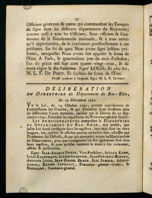 32, Délibération Du Directoire du Département du Bas-Rhin, du 19 Décembre 1791.