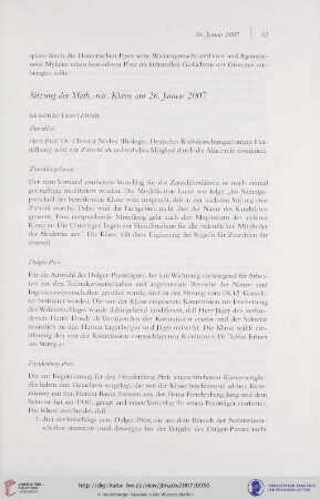 Sitzung der Math.-nat. Klasse am 26. Januar 2007