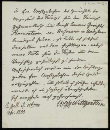 Brief von Wittgenstein an Wilhelm Boettner