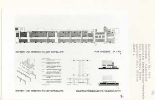 Stadtautobahn Wexstraße, Berlin-Wilmersdorf (Diplomarbeit bei Kurt Dübbers): Grundriss Plattenebene 1:500, Schnitte, Detail Konstruktionselement und Detailschnitt
