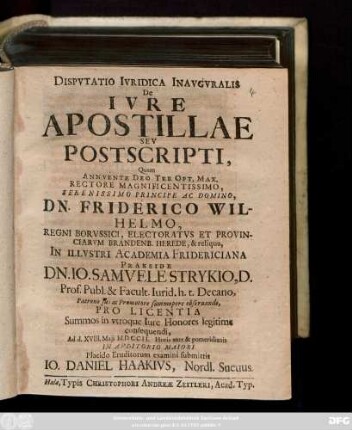 Dispvtatio Ivridica Inavgvralis De Ivre Apostillae Sev Postscripti