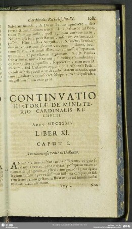 Continuatio Historiae De Ministerio Cardinalis Richelii. Anno MDCXXXIV. Liber XI