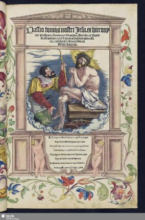 Passio domini nostri Jesu. ex hierony=||mo Paduano. Dominico Mancino. Sedulio. et Bapti=||sta Mantuano. per fratrem Chelidonium colle=||cta. cum figuris Alberti Dureri || Norici Pictoris.|| ... ||