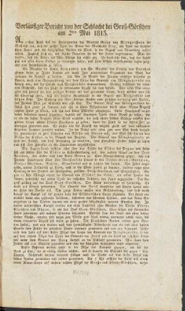 Vorläufiger Bericht von der Schlacht bei Groß-Görschen am 2ten Mai 1813