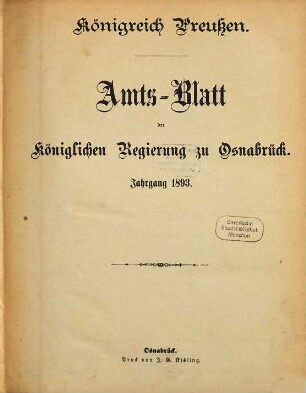Amtsblatt für den Regierungsbezirk Osnabrück. 1893