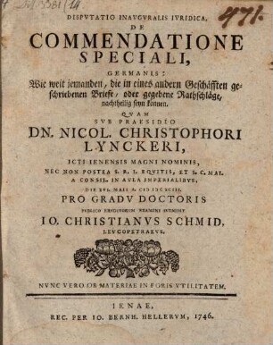 Disp. inaug. iur. de commendatione speciali