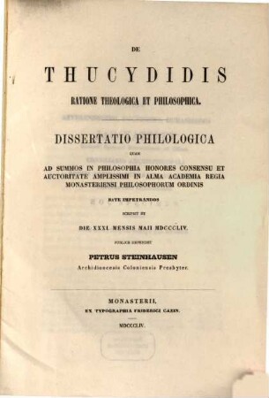 De Thucydidis ratione theologica et philosophica : dissertatio philologica