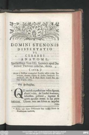 Domini Stenonis Dissertatio De Cerebri Anatome.
