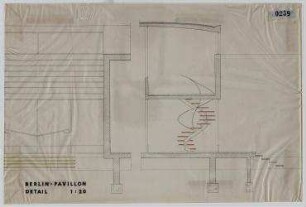 Offener Bauwettbewerb "Berlin-Pavillon", Hansaviertel Berlin, Intenationale Bauausstellung 1957 (nicht realisiert), Ankauf – Detail: Schnitte. Berlin-Tiergarten, 17. Juni/Klopstockstraße