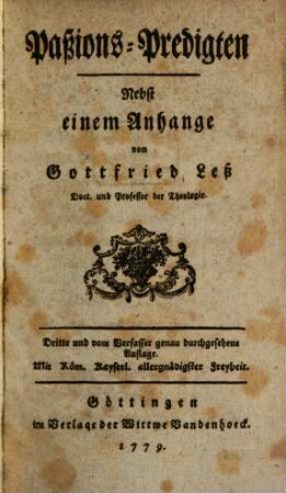 Passions-Predigten : Nebst einem Anhange
