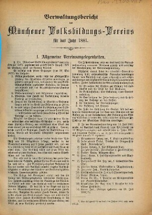 Verwaltungsbericht des Münchener Volksbildungsvereins für das Jahr. 1881