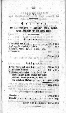 Anl. No. III. Extract der Jahresrechnung der Schlesw. Holst. Landes=Bibelgesellschaft für das Jahr 1826.