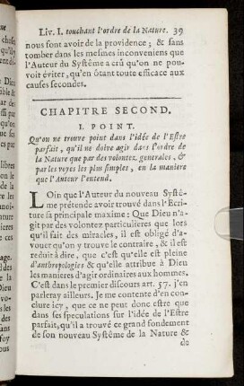 Chapitre Second. I. Point. Qu'on ne trouve point dans l'idée de l'Estre parfait, qu'il ne doive agir dans l'ordre de la Nature que par des volontez generales [...]