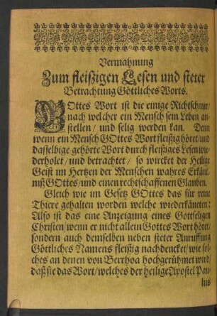 Vermahnung Zum fleißigen Lesen und steter Betrachtung Göttliches Worts.