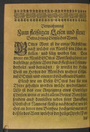 Vermahnung Zum fleißigen Lesen und steter Betrachtung Göttliches Worts.