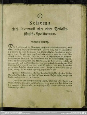 Schema eines Inventarii oder einer Verlassenschafts-Specification