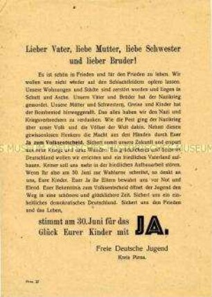 Aufruf der FDJ Pirna, beim Volksentscheid 1946 für die Enteignung der Nazi- und Kriegsverbrecher zu stimmen