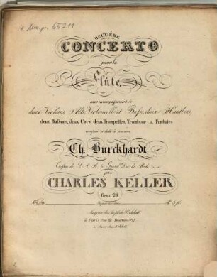 Deuxième concerto pour la flûte : avec accompagnement de deux violons, alto, violoncelle et basse, deux hautbois, deux bassons, deux cors, deux trompettes, trombone & tymbales : oeuv. 20