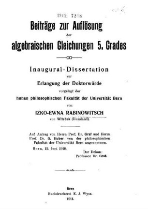 Beiträge zur Auflösung der algebraischen Gleichungen 5. Grades