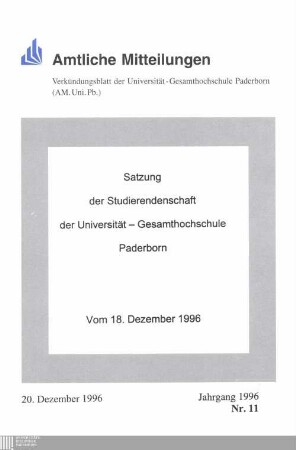 Satzung der Studierendenschaft der Universität - Gesamthochschule Paderborn : vom 18. Dezember 1996
