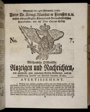 No. 7. Montags, den 14ten Februarii, 1757.