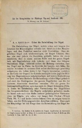 Ueber die Entwicklung der Nägel : Aus den Sitzungsberichten d. Würzburger Phys.-med. Gesellschaft 1888. V. Sitzg. Februar