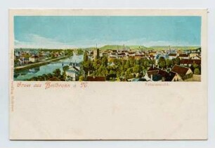 "Gruss aus Heilbronn. Totalansicht" - Gesamtansicht vom Rosenberg aus auf Badstraße, Eiserner Steg, Göetzenturm und südliche Altstadt