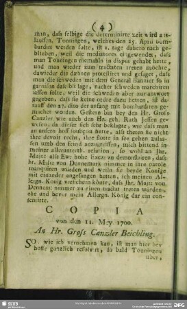 Copia von den 11. Mey 1700