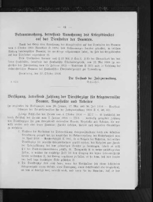 Bekanntmachung, betreffend Anrechnung des Kriegsdienstes auf das Dienstalter der Beamten