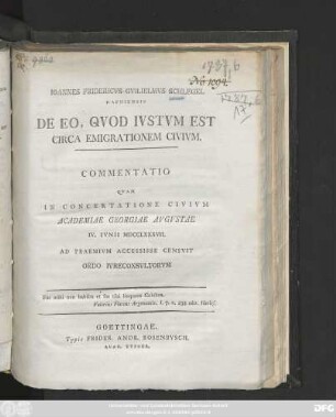 De Eo, Qvod Ivstvm Est Circa Emigrationem Civivm : Commentatio Qvam In Concertatione Civivm Academiae Georgiae Avgvstae IV. Ivnii MDCCLXXXVII. Ad Praemivm Accessisse Censvit Ordo Ivreconsvltorvm