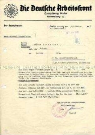 Schreiben der Gauverwaltung Berlin der Deutschen Arbeitsfront an Walter Brandes mit der Mitteilung des Ausschlusses aus der Organisation