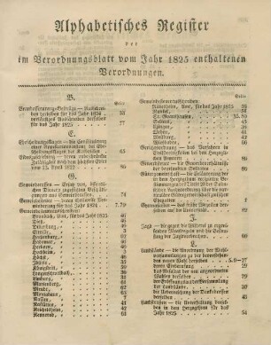 Alphabetisches Register der im Verordnungsblatt vom Jahr 1825 enthaltenen Verordnungen