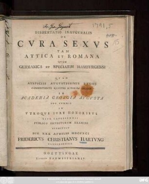 Dissertatio Inavgvralis De Cvra Sexus Tam Attica Et Romana Qvam Germanica Et Speciatim Hambvrgensi