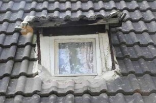 Quedlinburg - Desolater Dachstuhl : Desolater Dachstuhl mit Gaube und Ziegeln aus DDR-Zeit. Aufgenommen am 20. Juli 2012 in Quedlinburg