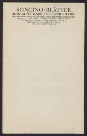 Briefpapier der Soncino-Blätter. Beiträge zur Kunde des jüdischen Buches