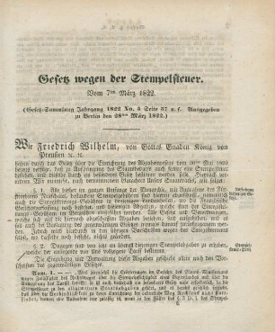 Gesetz wegen der Stempelsteuer. Vom 7ten März 1822