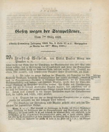Gesetz wegen der Stempelsteuer. Vom 7ten März 1822