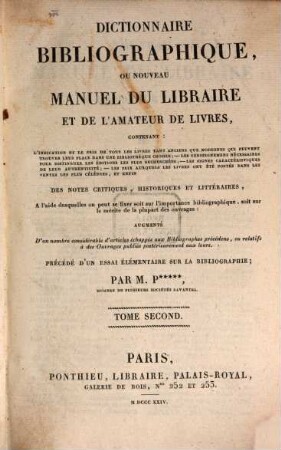 Dictionnaire bibliographique ou nouveau manuel du Libraire et de l'amateur de Livres, 2. H - Z