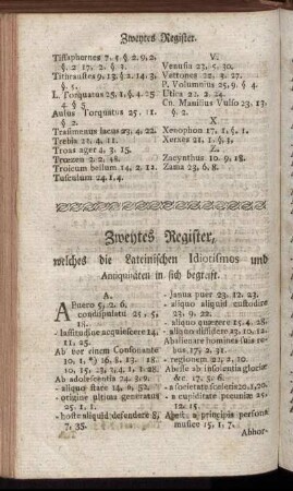 Zweytes Register, welche die Lateinischen Idiotismos und Antiquitäten in sich begreift.