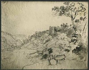 Landschaftsskizze mit Hardenburg im Hintergrund