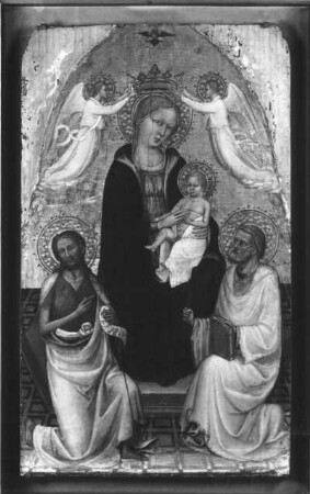 Thronende Madonna mit dem Kinde, von zwei Engeln gekrönt, mit Johannes dem Täufer und dem Apostel Petrus