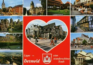 Postkarte. Hermannsdenkmal, Musikakademie, Extersteine, Markt, Schloß, Landesmuseum, Fußgängerzone, Adolfstraße, Theater