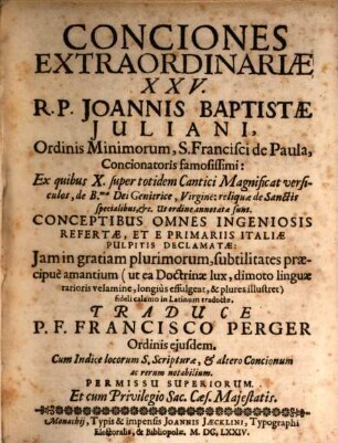 Conciones extraordinariae XXV. Joannis Baptistae Juliani
