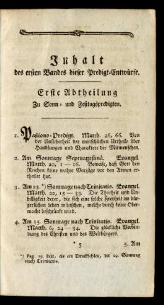 Inhalt des ersten Bandes dieser Predigt-Entwürfe.