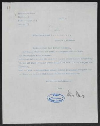 Brief von Claire Marck an Gerhart Hauptmann