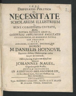 Disputatio Politica De Necessitate Scholarum Illustrium In Bene Constituta Civitate