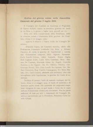 Ordine del giorno votato nella Assemblea Generale del giorno 3 Iuglio 1919