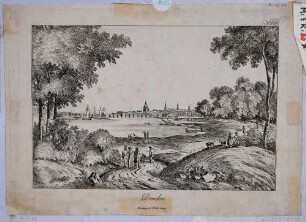 Stadtansicht von Dresden, Blick von Westen aus dem Großen Ostragehege über die Elbe auf Augustusbrücke und Altstadt