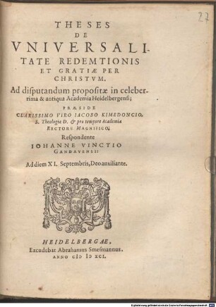 Theses de Universalitate Redemtionis Et Gratiae Per Christum